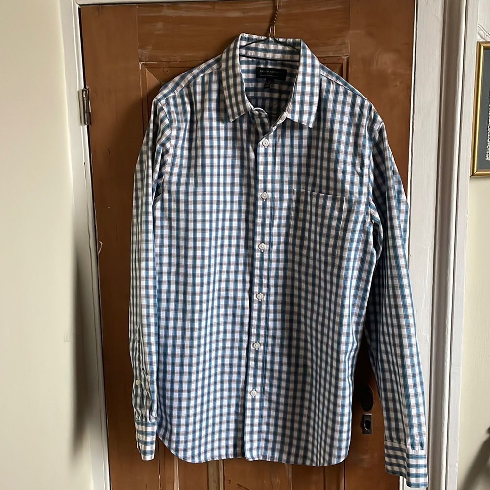 Brown, white, and teal plaid Banana Republic M non-iron tailored slim fit shirt